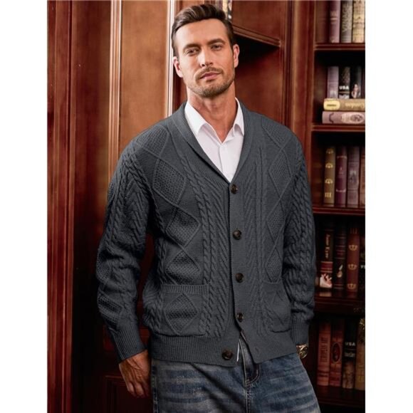 Mens Wool Blend Cardigan Sweater Long Sleeve V Neck Button Knit Casual Fall Wint - Picture 2 of 7